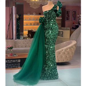 Sparkly Evening Long Dresses Mermaid One Shoulder Dark Green Sequined African Women Formal Party Gowns Peplum Ruffle Prom Dress