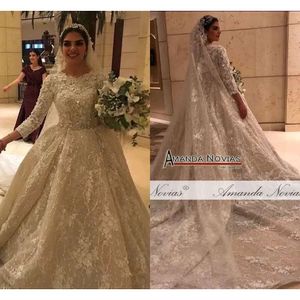D Flowers Chamagne Ball Wedding Dresses Muslim Long Sleeves Open Back Plus Size Bridal Gown Real Pictures