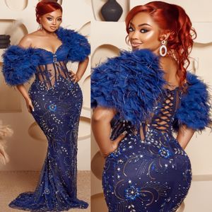 2024 ASO EBI Navy Blue Mermaid Prom Dress Crystals Sequined Lace Evening Party Party Second Reception 50th Birthday Engagement Gowns Dresses Robe de Soiree ZJ319