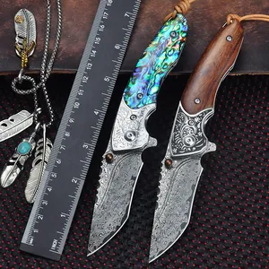 VG 10 DAMASCUS STÅL FOLD KNIVNING Taktisk jaktficka kniv Bollbärande trähandtag/Caibei Self Defense Camp EDC Tool