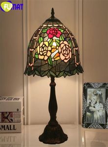 Fumat stil bordslampa röd rosa rose färgat glas skrivbord ljus dia12 tum hantverk heminredning e12 gröna bladlampor led 3733496