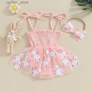 Rompers Baby Girls Rompers Dress Easter Clothes Rabbit Print Mesh Tulle skiktad kjol Hem Toddler Bodysuits Jumpsuits med pannband L410