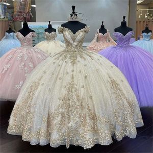 Szampańska koronkowa skojarzona suknia balowa sukienki Quinceanera sukienki z koralikami gwiazdy imprezowe sukienki 3d kwiaty ukończenia rękawów lantern vestido de 322 s s