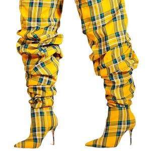 Europäische und amerikanische Mode PU Plaid knielange schlanke Hochheelhülsenstiefel, Frauen sexy Nachtclub Stufe Stiefel Stiefel