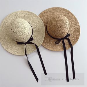 INS Kids sunblock sunhats summer children ribbon bows fedora straw sun hats children beach hat big brim floopy cap Z7612