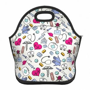 nursing Pattern Nurse Portable Neoprene Lunch Boxes for Women Health Care Cooler Thermal Food Insulated Lunch Bag Office Work r2nX#