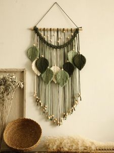 Arazzi 1 pc foglie verdi arazzo boho macrame intrecciato a mano con perle di legno artigianato mura