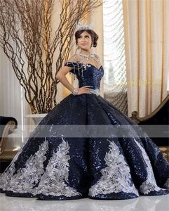 Błyszcząca czarna cekinowa suknia balowa sukienki Quinceanera 2024 z ramion koronki Up Sweet 16 Sukienka Vestidos de 15 anos