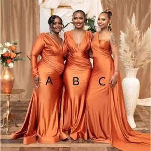 Plus afrikanische Orangengröße Meerjungfrau Brautjungfer Kleider Nigeria Girls gegen Hals Ruch Satin Hochzeit Gastkleid sexy Langes Mädchen von Ehrenkleidern BC