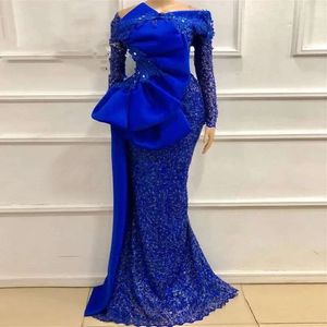 Ebi Vintage Aso Royal Blue Prom Dresses Mermaid Long Sleeve Lace Appliques Beads Women Evening Dress Plus Size Nigeria Party Gowns