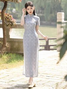 Etniska kläder 2024 Spring Traditionell Cheongsam Kort ärm Soft Vintage Dress Slim Party Wedding Costumes Elegant Long Qipao