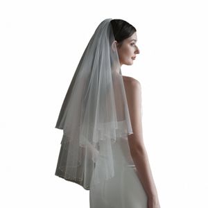 white Ivory Bridal Veils Bridal Veils Bride Veil 2 Layers Handmade Beaded Crescent Edge Wedding Accories Veil d0rh#