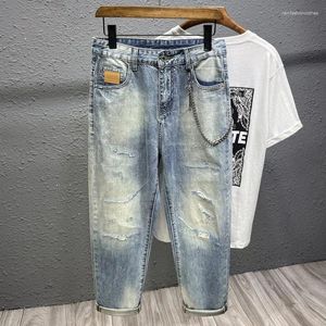 Erkekler kot pantolonla yırtık yaz Nefes alabilen konfor trend retro sıkıntılı moda tüm maç rahat kırpılmış pantolon