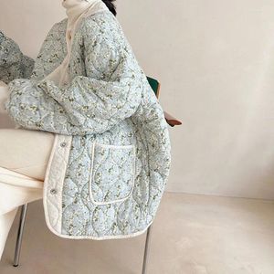 Women's Trench Coats V-neck White Manta Rose Print Jackets For Women Loose Padded Cotton Winter Coat Sweet Lady Outerwear Oversized Korean