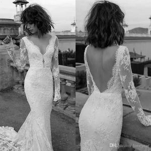 New Liz Bohemian Martinez Mermaid Dresses Sheer Long Sleeve Lace Applique Bridal Dress Sexy V Neck Backless Boho Wedding Gowns