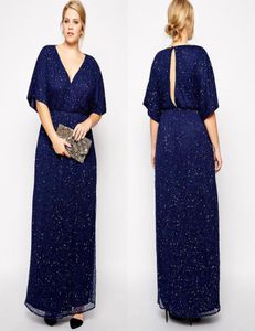 2019 Navy Sequined Plus Size Mother of the Bride Dresses V Neck Aline Formell klänning Golvlängd Keyhole Bak Kvällsklänningar med S4286459