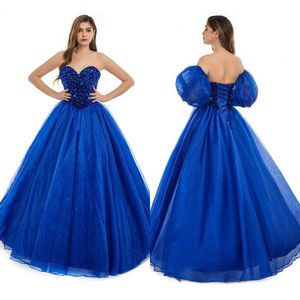 Royal Sexy Backless Blue A Line Prom Dresses New equins eleds sweetheart corset back provid Quinceanera bords with poet slicves bm