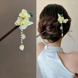 Haarklammern Klassische winkelhafte Blumen Haarnadel handgefertigt Vintage Holzstange Perle Quasten chinesische Stil Hanfu Kopfbedeckung Frauen Frauen