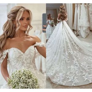 Lace Wedding Gorgeous Dresses Arabic Dubai Elegant Off Shoulder Backless Appliques D Flora Long Train Bridal Gown Vestidos Custom Made BC