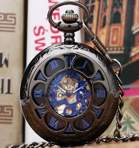 Wholeblack Flower Hollow Case Blue Roman Number Skeleton Dial Steampunk Mechanical Scockwatch with Chain Gift with Men Women8175667