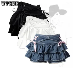 Skirts WTEMPO Girl's Fashion Gothic Blue Black White Short Denim Pleated Women's Tie A-line Mini Jeans Streetwear