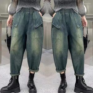 Jeans femininos 2024 Autumn Arts Style Women Women Heastic Cotton Denim Harem Pants Double Pockets Design Design Vintage Blue Casual P244