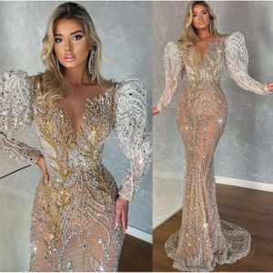 2024 Plus -storlek arabisk aso ebi lyxig glittrande sjöjungfru bröllopsklänning pärlstav kristaller spets brudklänningar klänningar es es es es es es es