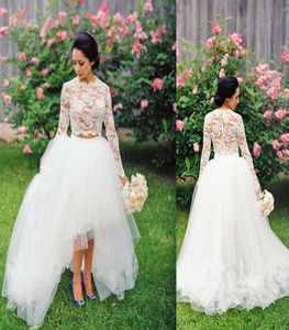 Two piece wedding dresses 2016 bridal lace sheer top robe short front long back hi low long sleeves lace bridal wedding gown3806512