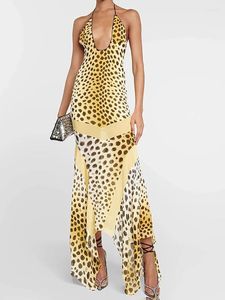 Casual Dresses Sexig backless Print Leopard Women Maxi Dress Patchwork Halter Evening Femme Summer Elegant Party Beachwear 2024