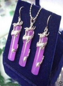 Charming Purple jade silver dragon earring pendant Necklaceltltlt 7340475