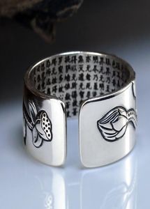 Fashion Real 999 Pure Silver Jewelry Lotus Flower Open Ring For Men Male Fashion Size Buddhistic Heart Sutra Rings Gifts5264481