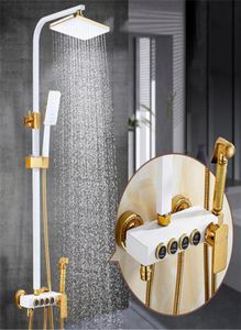 バスルームシャワーセット真鍮降雨セット蛇口浴槽ミキサータップホワイトタップとコールドウォーターゴールドウォールマウント3274691