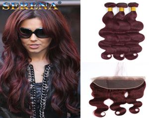 9A Brazilian Burgundy hair With Lace Frontal Closure 13x4 Ear to Ear Body Wave 99J Wine Red Human Hair Bundles With Full Frontal9880051