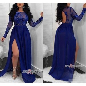 Royal Blue Long Hermes Prom Dresses Lace Applique paljetter En linje sida slits chiffong illusion sexig ihålig rygg plus storlek kväll klänning 403