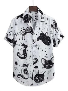 Camisas casuais de gato de gato de gato camisas cubanas de colarinho cubano para homens de verão elementos vintage camisa Hawaii Beach Rous