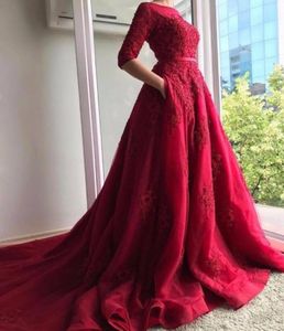 2018 New Elegant Burgundy Half Sleeves Evening Dresses With Pockets Lace Appliques Prom Dresses Party Wear Sweep Train8878391