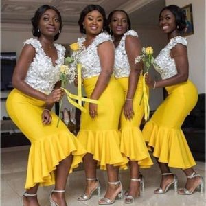 Yellow Lace African Applique Plus Size Mermaid Bridesmaid Dresses V Neck Drapped Maid Of Honor Dress Wedding Party Gowns Robes De Soire