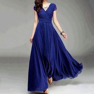 Bröllopsgästklänningar för kvinnor Summer V Neck Solid Color Short Sleeve Midi Dinner Long Maxi Dress Gown Party 240416