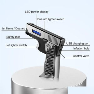 Зажилки уникальный более легкий ветрозащитный газо-электрический плазма USB Rechargable подарок для мужчин, складывающего пистолет Butane Torch Turbo Jet Flame Cigar Drop OTPC3