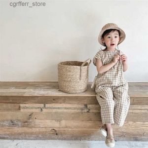 Rompers bady girls plaid allaids kids creveless laysuit Childrenlinen cotton jumpsuit韓国幼児夏のファッション服パンツl410