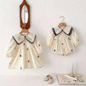 Spring Korean Style Infant Skirt Lapel Harness Rompers Embroidered Long Sleeve Dress Sisterhood 240416