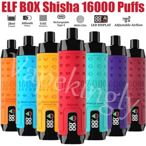 ELF BOX Digital Shisha 16000 Puffs Vape Disponibla E Cigaretter Puff 16K 0% 2% 3% 5% 28 ML Förfylld POD 600mAh Uppladdningsbar justerbar luftflöde Smart Screen Pen Pen Pen