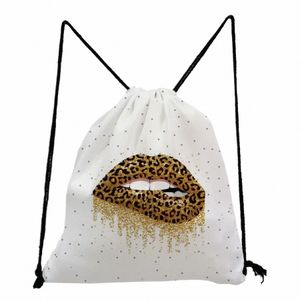 customized Leopard Letter Women's Backpack Lips Printed Drawstring Pocket Gift School Book Bag Travel Protable Storage Shoes Bag S5J0#
