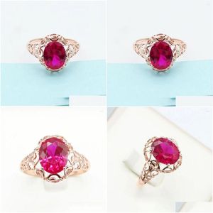 Cluster Rings 585 Purple Gold 14K Rose Inlaid Oval Ruby Engagement Ring Hollow Craftsmanship Elegant And Unique Charm Ladies Jewelry D Dhpba