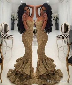 New Designer Gold Mermaid Evening Dresses 2023 Spring Summer Spaghetti Open Back Sequin Prom Dresses Layered Ruffle Pageant Gowns 3004497