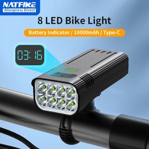 NATFIRE 10000mAh Bicycle Light with Digital Battery Indicator USB Rechargeable Bike Light Set 8 LED Flashlight 240407