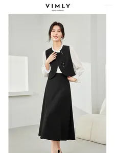 Work Dresses Vimly Black French Style Elegant Skirt Set O-neck Cropped Jacket Elastc Waist A-line Midi 2 Piece Sets Women Outfit M5909