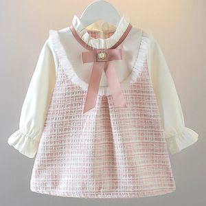 In Spring Toddler Girl Dresses Korean Fashion Cute Bow Mesh Plaid Long Sleeve Princess Kids Dress Baby Clothes Outfit BC464 240416