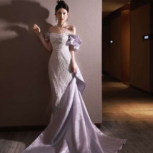 Purple Mother Elegant of Bride Dresses Pearls Pärlade Big Satin Bow Mermaid Prom Off the Shouder Long Wedding Gästklänning Kvinnor Formell OCN -klänning jämnt bär