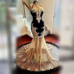 Elegant och guld paljettklänning för svarta flickor 2024 Hög halsspets Applique Party -klänningar Vestido de Festa Gala
